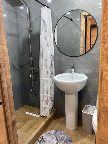 La salle de bains est pourvue d'un lavabo et d'un miroir. dans l'établissement DEMAL HOTEL, à Petropavlovsk-Kamtchatski