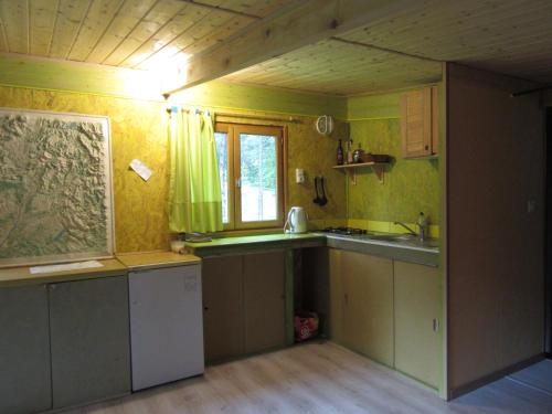 a kitchen with green walls and cabinets and a window at sous les arbres in La Palud sur Verdon