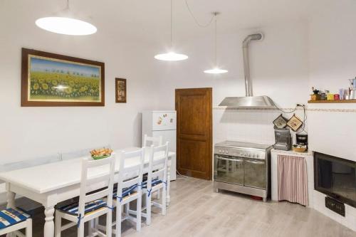 uma cozinha com uma mesa e cadeiras e um frigorífico em Vetulonia casa colonica con Pool Relax em Castiglione della Pescaia