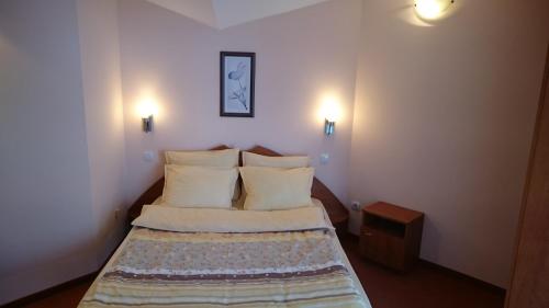 een kleine slaapkamer met een bed met 2 kussens bij Classic Hotel in Sofia