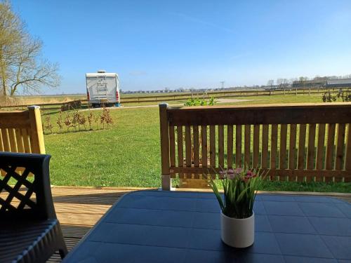 un banco de madera con una mesa y flores en una terraza en Camping de Noorde, en Zwartsluis