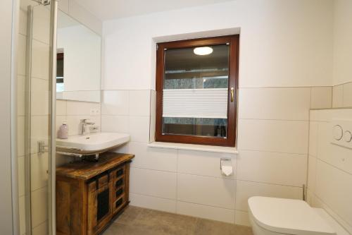 een badkamer met een wastafel, een toilet en een raam bij Tannenhof Fischbach - Fewo 2 "Regenbogenforelle" - Schluchsee, 1 Schlafzimmer in Schluchsee