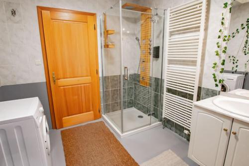 uma casa de banho com um chuveiro e um lavatório. em Jungle House - Maison em Hurtigheim