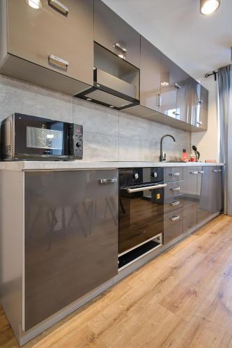 a kitchen with stainless steel appliances and a microwave at Apartmenty u Šípků OSTRAVA in Vřesina