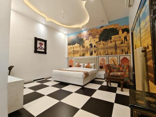 a bedroom with a bed and a checkered floor at Samardha Jungle Resort in Bhopal