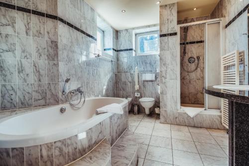 a bathroom with a tub and a toilet at Landhotel Lewitz Mühle in Banzkow