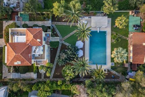 an aerial view of a house with a swimming pool at Villa Elmar in Egina