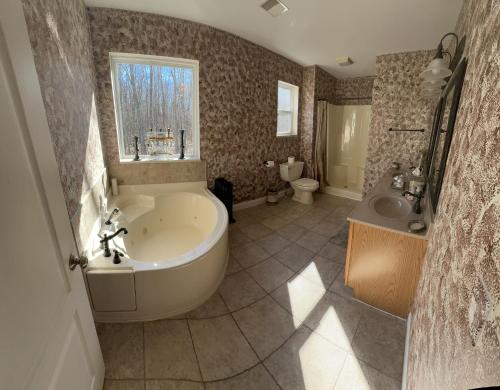 baño con bañera grande y lavamanos en Poconos Lake harmony Jackfrost ski Pocono Raceway Camelback ski Mount Airy Lodge, en Albrightsville