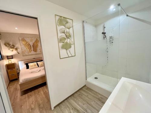 une salle de bain avec une douche, un lavabo et une baignoire dans l'établissement L'Ange Au Sourire, à Reims