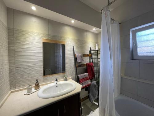a bathroom with a sink and a tub and a shower at Alonaki House in Amfiklia