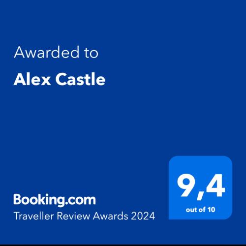 a blue text box with the words awarded to alex castle at Historic Alex Castle Apartment Lake Como in Gravedona
