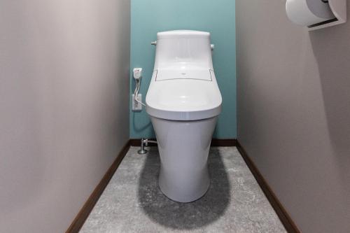 a bathroom with a white toilet in a stall at Glamping TOMAMU in Tomamu