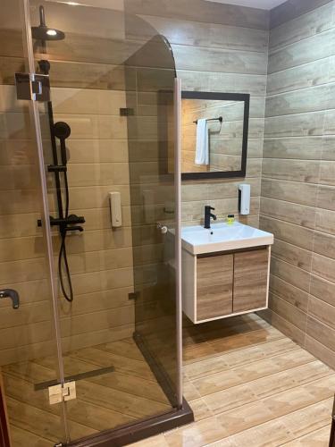 a bathroom with a shower and a sink at Guest House Holiday in Melnik in Melnik