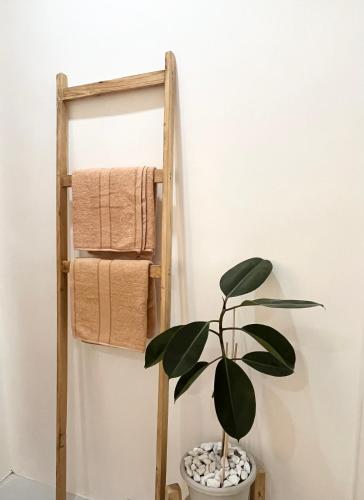 a bathroom with a towel rack and a plant at Sunnydale Apartelle -Room Accommodation near Calatagan Beach Resorts in Batangas City