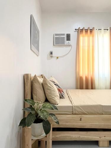 - une chambre avec un lit et une plante en pot dans l'établissement Sunnydale Apartelle -Room Accommodation near Calatagan Beach Resorts, à Batangas City