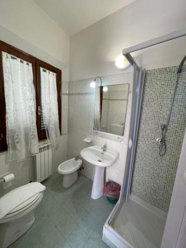 a bathroom with a toilet and a sink and a shower at Hotel Eden in Follonica