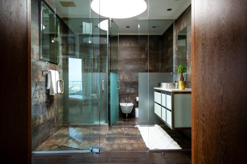y baño con ducha de cristal y aseo. en Casa da Barra en Vila Nova de Gaia