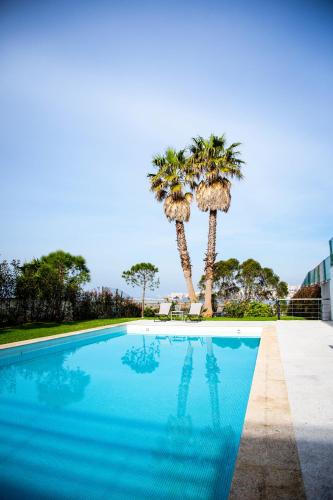 a swimming pool with two palm trees in the background at Casa da Barra in Vila Nova de Gaia