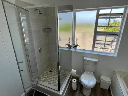 a bathroom with a shower and a toilet and a window at Whitewaters, 2 Bedroom Apartment in Sea View