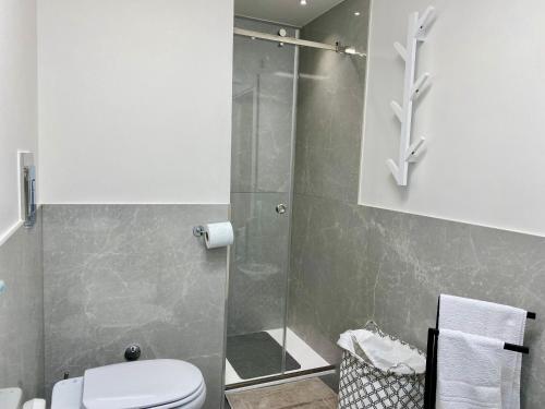 a bathroom with a toilet and a glass shower at Appartamento Casa Crispino Mansarda n4 per 3 persone in Frattaminore
