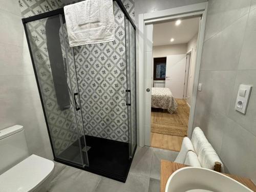 a bathroom with a shower with a toilet and a bedroom at Cabanas do Carpinteiro / Santiago de Compostela - Rías Baixas in Pontevedra