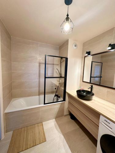 une salle de bain avec une baignoire et un lavabo dans l'établissement Appartement chaleureux - Meaux, à Meaux