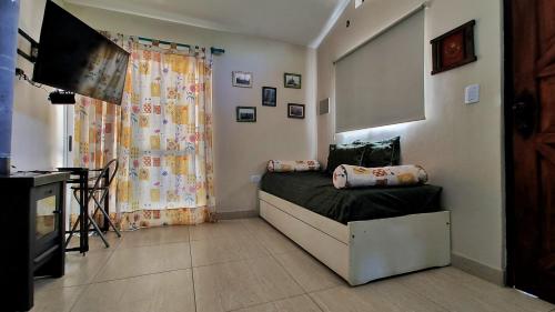een kleine slaapkamer met een bed en een televisie bij Las margaritas in Uspallata