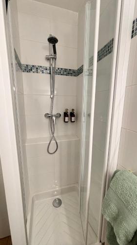 une douche avec une porte vitrée dans une salle de bain dans l'établissement Studio face au Bassin d'Arcachon, à Andernos-les-Bains