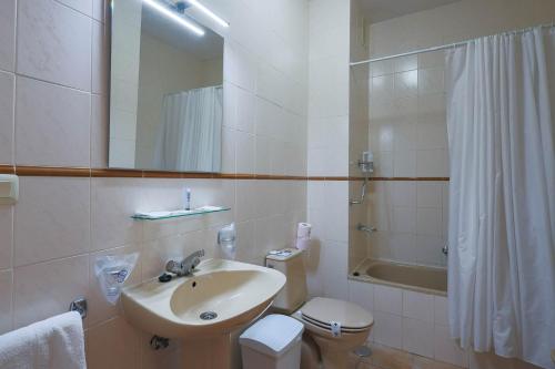 uma casa de banho com um lavatório, um WC e um espelho. em Hotel Tugasa El Almendral em Setenil de las Bodegas