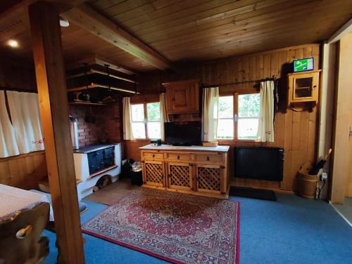 Zimmer mit einer Küche mit Herd und einem TV in der Unterkunft Waldchalet Tulfes in Rinn