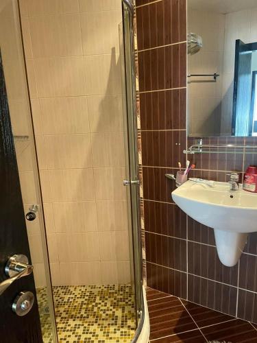 a bathroom with a sink and a glass shower at Apartament Ivanovi A119 in Burgas