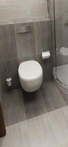 a bathroom with a white toilet and a shower at شقق فندقية العريش 