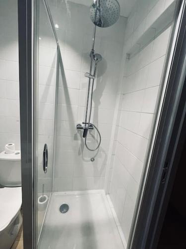 La salle de bains est pourvue d'une douche avec une porte en verre. dans l'établissement Studio boucle 7, à Besançon