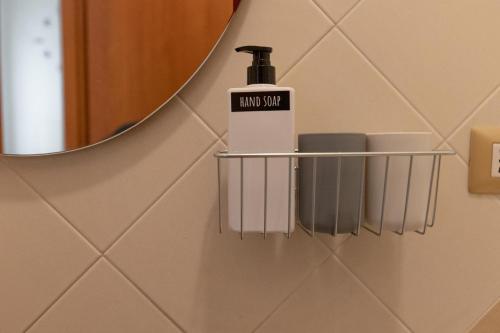 a soap dispenser on a wall next to a mirror at Casa vacanze Il Pugnalone in Acquapendente