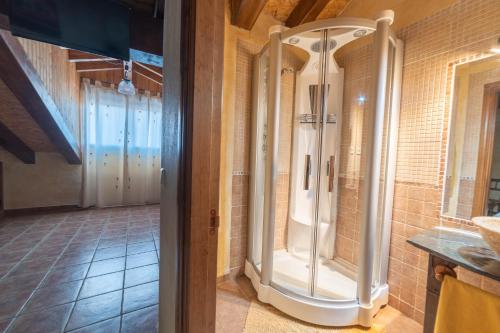 a bathroom with a shower in a room at Casa Rural Castillo Diempures in Cantalojas