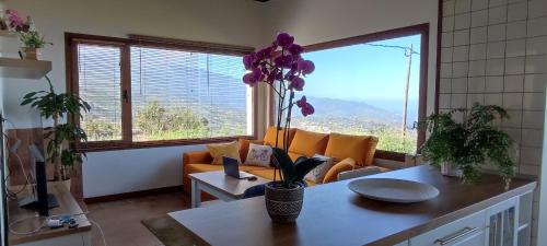 a living room with a couch and a large window at La Finca de la bicicleta in Breña Alta