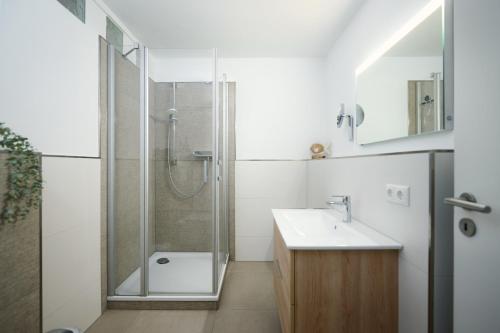 a bathroom with a shower and a sink at Seeadler in Stein