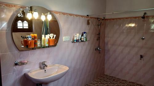 a bathroom with a sink and a shower with a mirror at Osh villa in Hikkaduwa