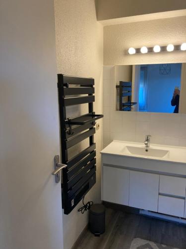une salle de bain avec un lavabo et un miroir dans l'établissement Appt T2 Sept Deniers avec clim, à Toulouse