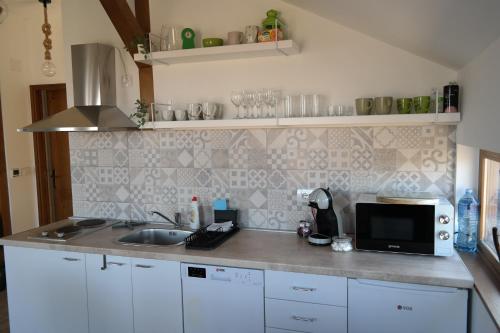 a kitchen counter with a sink and a microwave at LIPA houses & spa in Sopot