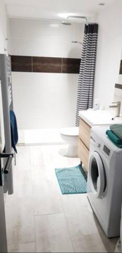 a bathroom with a washing machine in a bathroom at Ô meublé de Pithiviers F2 4 personnes in Pithiviers