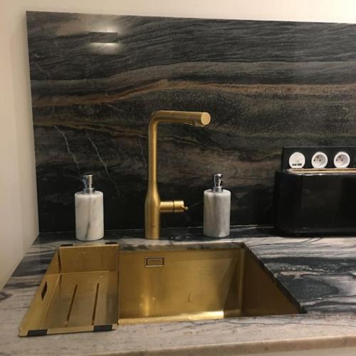 La salle de bains est pourvue d'un lavabo en or et d'un robinet. dans l'établissement Appartement 4 personnes avec Jardin-Paris centre, à Paris