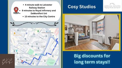 a collage of two pictures of a living room with a map at Perfect Location for Long Stays in Leicester