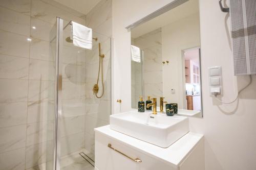 La salle de bains blanche est pourvue d'un lavabo et d'une douche. dans l'établissement Apartament Lotników, à Toruń