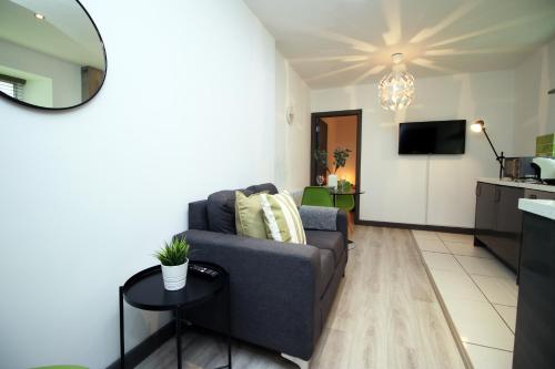 101 Walter Road في سوانسي: غرفة معيشة مع أريكة ومرآة