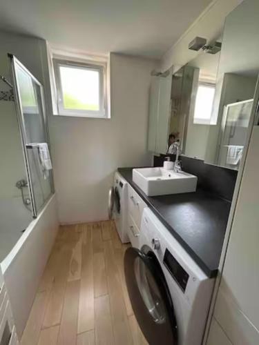 a bathroom with a washing machine and a sink at Chambre double dans appartement, fibre, RER B in Antony