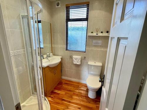 a bathroom with a toilet and a sink and a shower at The Cottage Central Newcastle, 4-Star Accommodation by Tourism Northern Ireland in Newcastle