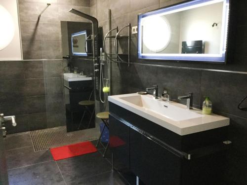 a bathroom with a sink and a mirror and a shower at very pretty contemporary villa with heated pool located in aureille in the alpilles, close to the center on foot. sleeps 4. in Aureille