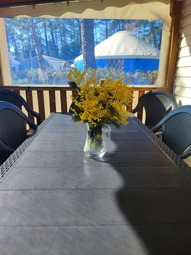 une table avec un vase avec des fleurs jaunes sur lui dans l'établissement Mobil home les dunes de contis 