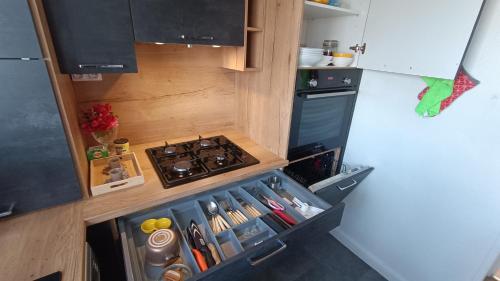 a small kitchen with a stove and a refrigerator at Dijon Nobel in Dijon
